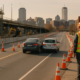 Boston construction zone car accident scene showing lane shifts and temporary traffic controls