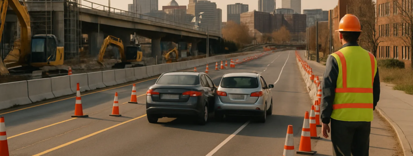 Boston construction zone car accident scene showing lane shifts and temporary traffic controls