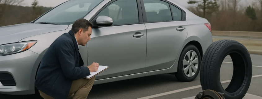 Defective vehicle parts being examined for a Massachusetts injury claim after a crash