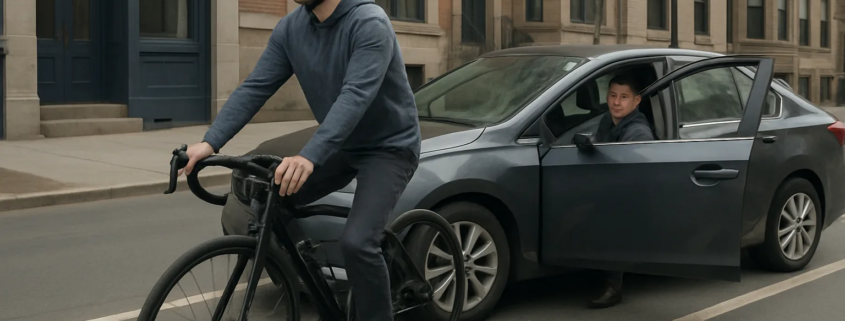 Boston cyclist dooring accident lawyer guide showing an open car door beside a bike lane