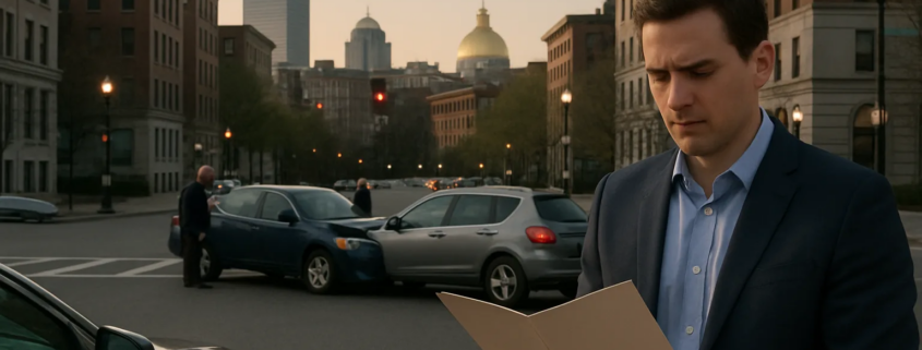 Boston car accident claim deadline represented by vehicles and a blank legal folder