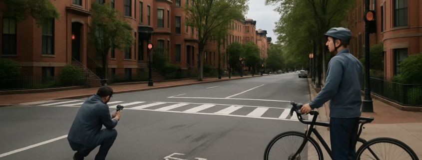 Boston pedestrian accident claim evidence at a crosswalk with a bicycle and roadway scene