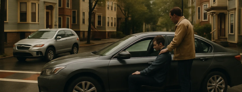 Boston car accident emotional distress claim represented by a calm recovery scene near a city street