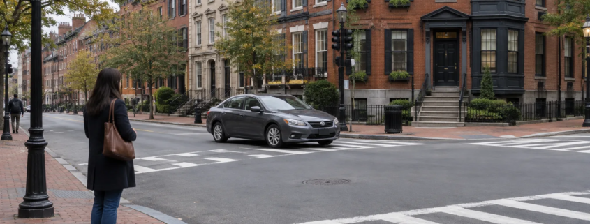 Boston crosswalk scene illustrating how a Boston crosswalk accident lawyer may assess responsibility