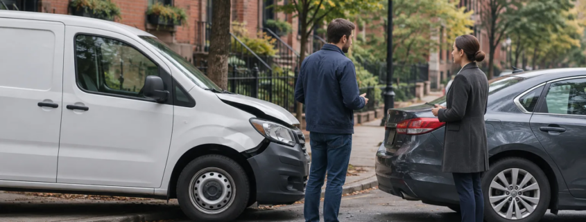 Boston delivery driver accident claim coverage questions on an urban street