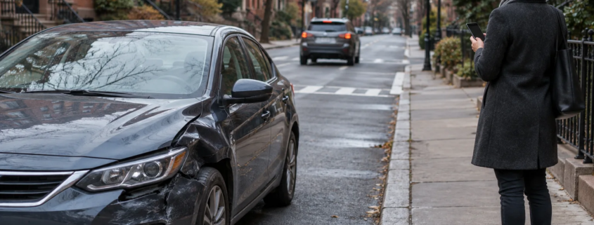 Boston hit-and-run injury claim scene on a city street with a damaged vehicle and a witness