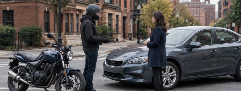 Boston motorcycle accident claim scene with a rider and motorcycle at an urban intersection