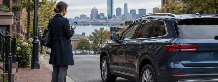 Boston rideshare accident claim scene with a passenger beside an unbranded car on a city street