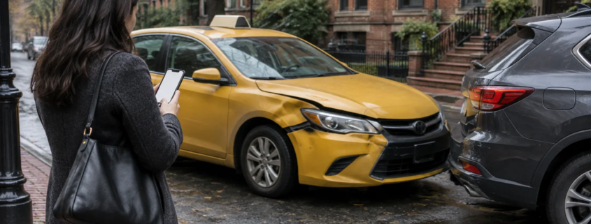 Boston taxi accident injury claim scene with an unbranded cab and passenger documenting vehicle details