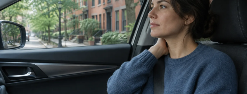 A person pauses beside a parked car as delayed symptoms after a car accident in Boston become noticeable