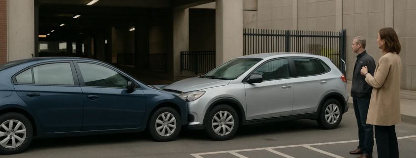 Boston parking lot accident scene showing vehicles and documented collision evidence