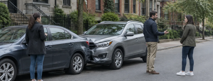 Several injured people discussing claims after a Boston crash involving one auto policy