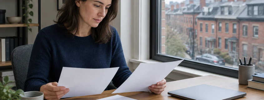 A freelancer organizing blank records after a Boston crash involving self-employed lost income