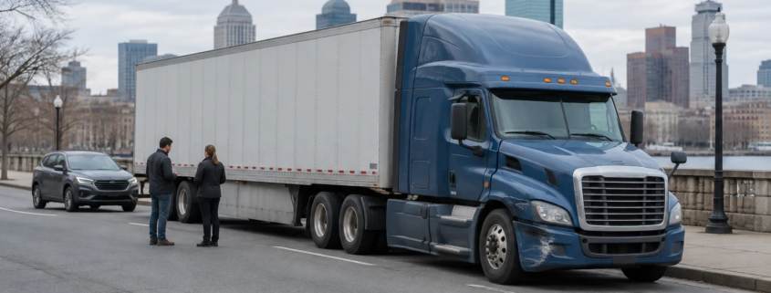 Commercial truck on a Boston street after a collision, illustrating a Boston truck accident lawyer’s investigation