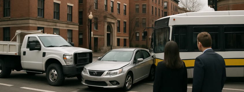 Boston government vehicle accident lawyer scene with city truck and transit bus