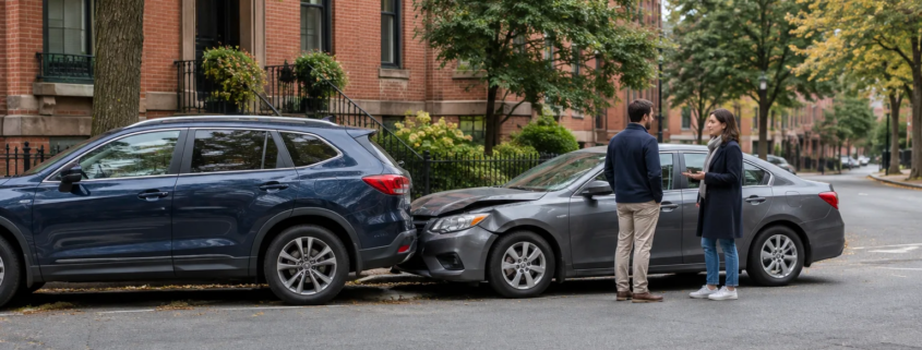 Boston crash scene illustrating the Massachusetts car accident injury threshold and pain-and-suffering claims